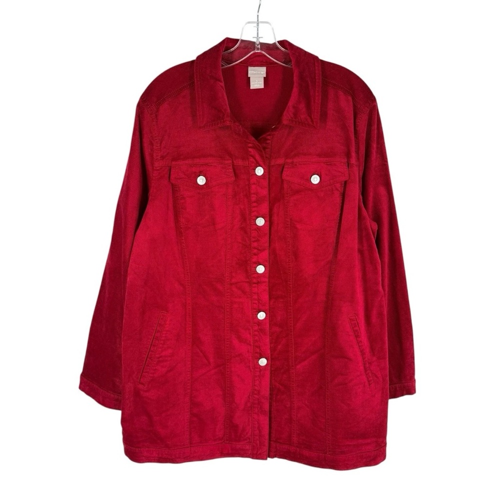 Chicos Velvet Jacket Size 3 Red Cotton Blend Stretch Button Front Womens XL